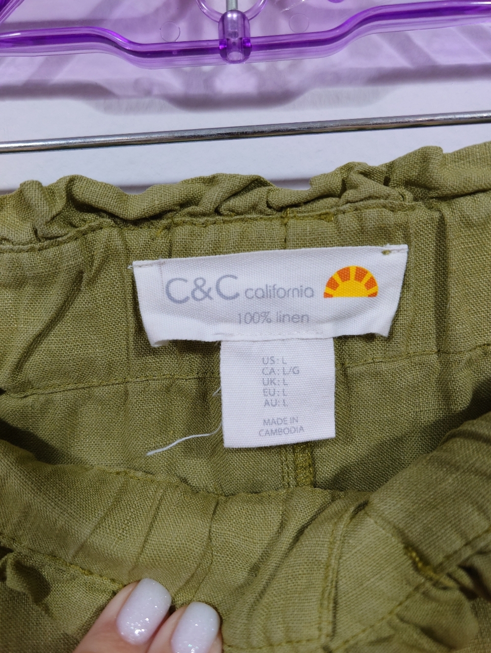 C&C California Linen Pants Women L Olive Green Paperbag Waist Relaxed Fit - Picture 4 of 6
